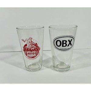 OBX Outer Banks NC Jimmys Seafood Rest Pint Beer Glass Set 2 Bar Man Cave 16oz